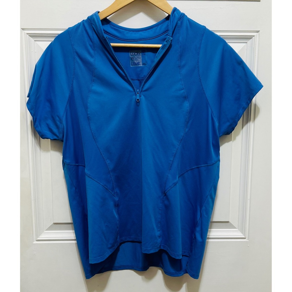 Lucky‎ in Love Win the Day Blue Short Sleeve Quarter Zip Athletic Top Size XL